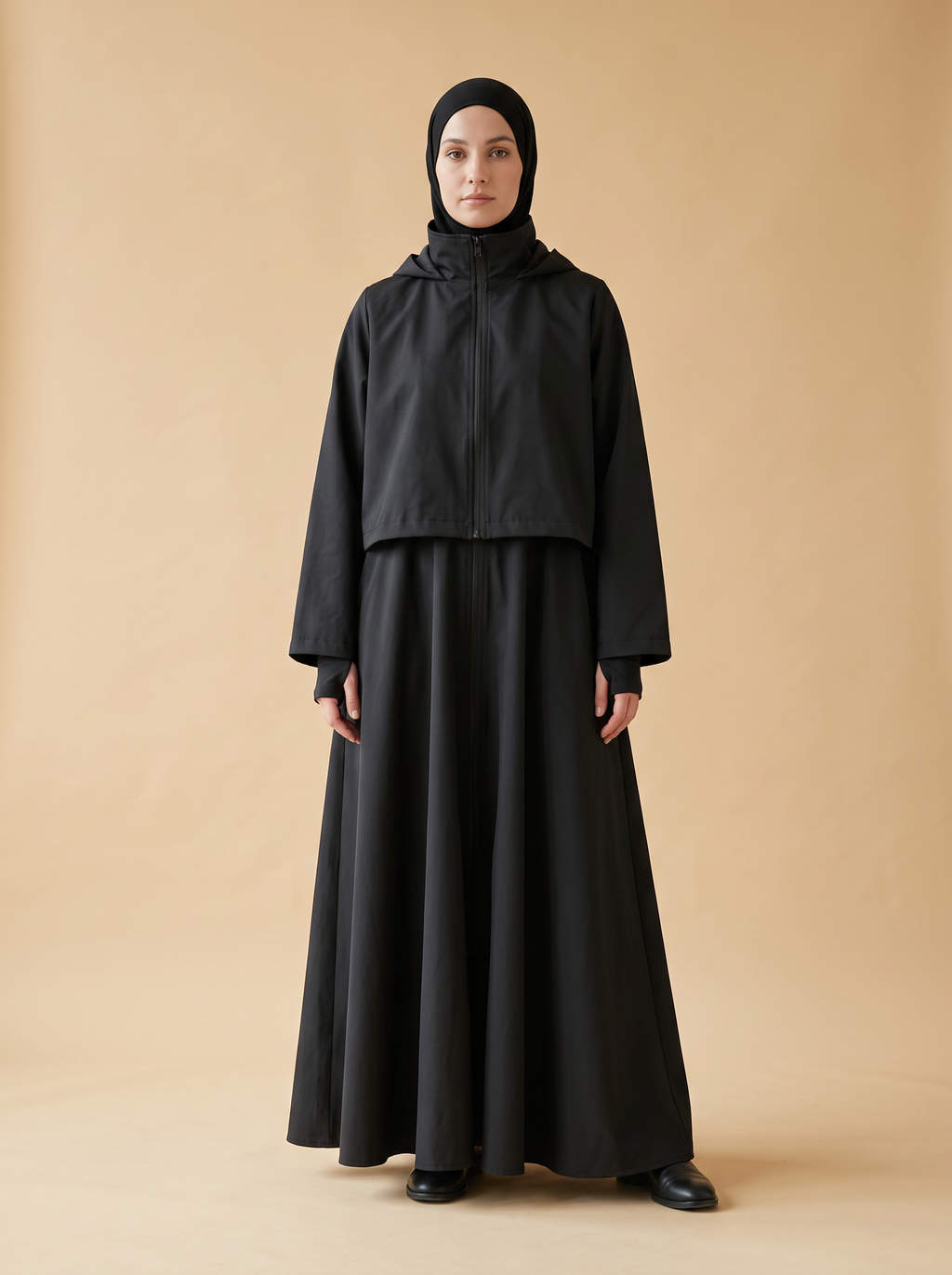 Sakina Kohl, veste longue à capuche coloris noir, vue de face