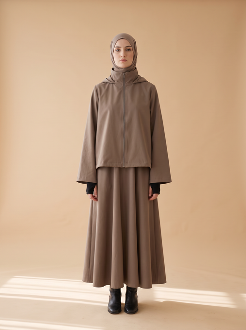 Sakina Tîn, veste longue à capuche coloris taupe, vue de face